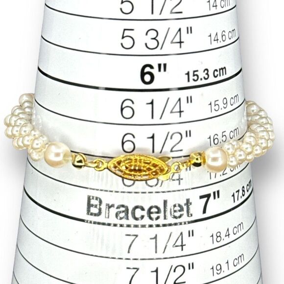 Three Strands Twisted Faux Pearl Graduated Beaded Bracelet with Filigree Clasp - Picture 5 of 6